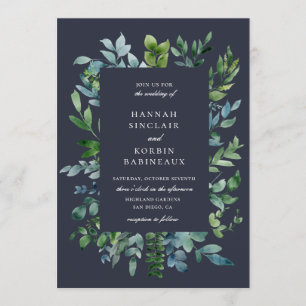 Rustikales Forest Foliage Navy Blue Wedding Einladung