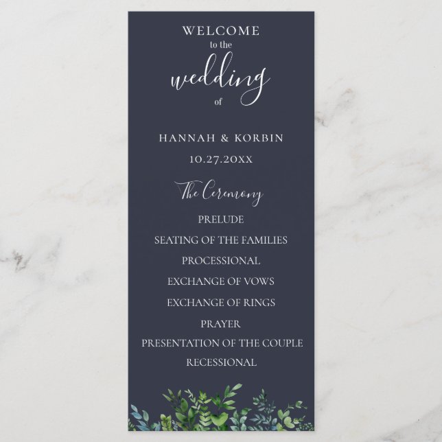 Rustikales Forest Foliage Navy Blue Wedding Programm (Vorderseite)