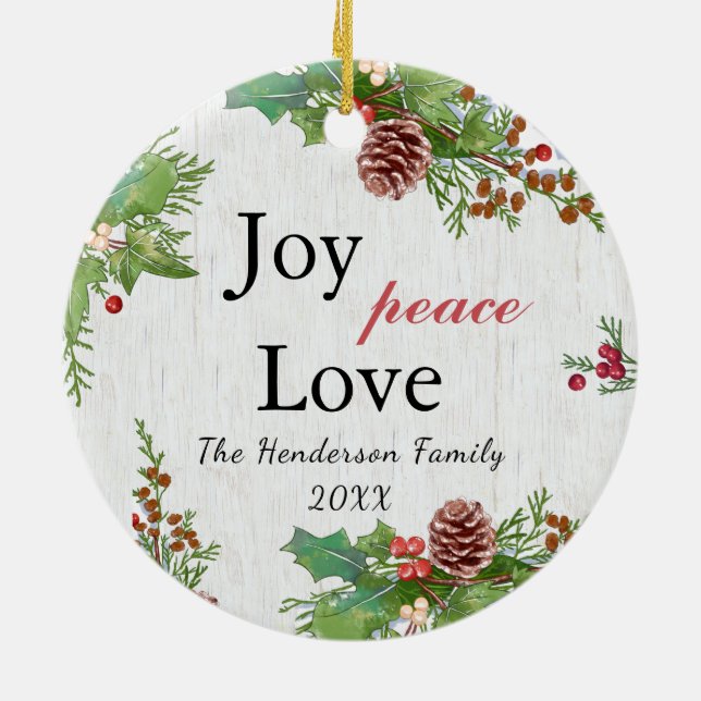 Rustikales Foto 2-seitige Joy Peace Liebe Xmas Keramik Ornament (Hinten)