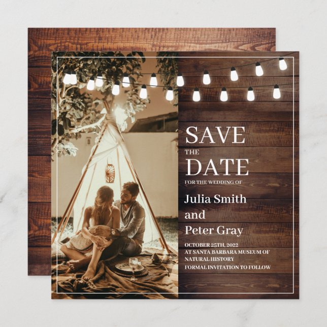 Rustikales Foto aus Holz Save the Date Einladung (Vorne/Hinten)