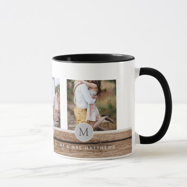 Rustikales Foto Collage Monogram NEWLYWEDS WEDS Tasse (Rechts)
