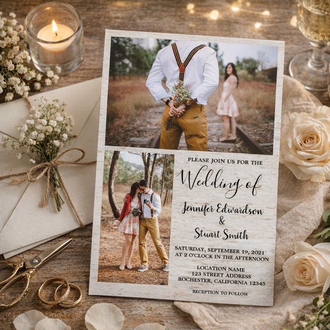 Rustikales Foto Einladung (Create your own rustic country barn wood photo collage wedding invitation.)