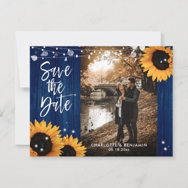Rustikales Foto für Hochzeitsfeiern mit blauer Son Save The Date (Vorderseite)