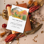 Rustikales Foto für Wasserfarben Save The Date<br><div class="desc">Rustikales Watercolor Fall Mountain Wedding Foto Save the Date - mit einer prächtigen Falllandschaft mit moderner Typografie. Auf der Rückseite des Save the Date befindet sich ein volles Foto der Braut und des Bräutigams. Ankündigung ist Teil einer Sammlung.</div>