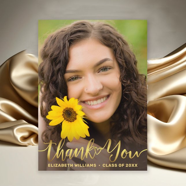 Rustikales Foto Gold Calligraphy Script Abschluss Dankeskarte (Rustic Photo Gold Script Graduation Thank You Card)