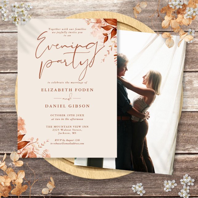 Rustikales Foto Hochzeit Abend Party Einladung (Rustic Floral Photo Wedding Evening Party Invitation)