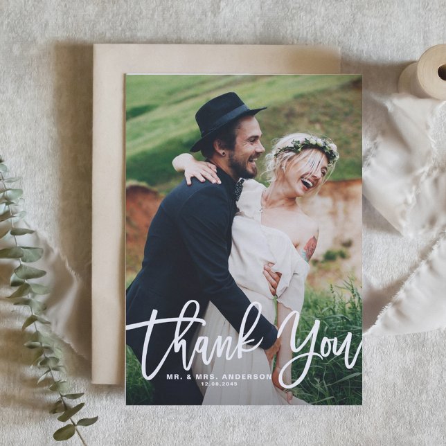 Rustikales Foto Hochzeit Dankeschön-Karte Dankeskarte (White Hand Lettering Photo Wedding Thank You Card)