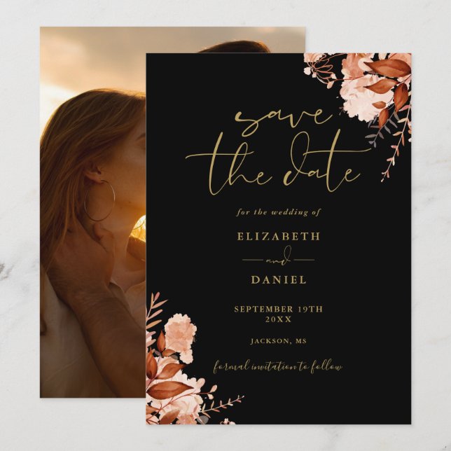 Rustikales Foto-Hochzeit mit Schwarz und Gold Save The Date (Vorne/Hinten)