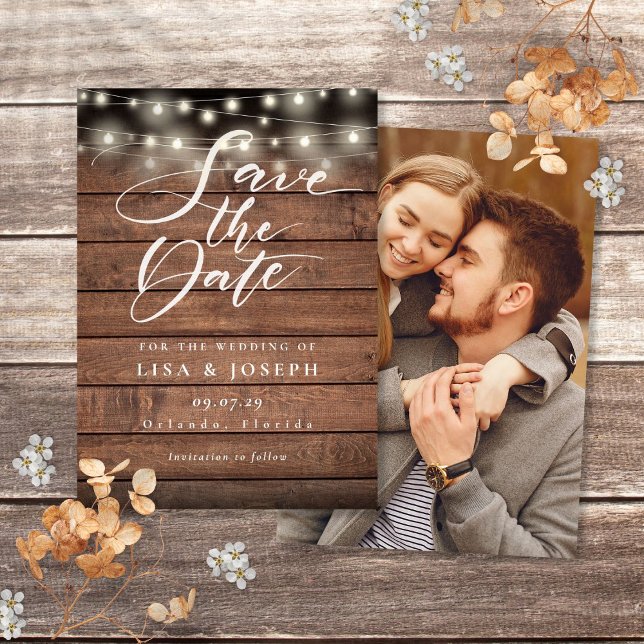 Rustikales Foto-Hochzeitsstil Save The Date (Rustic Wood String Lights Photo Wedding Save The Date)