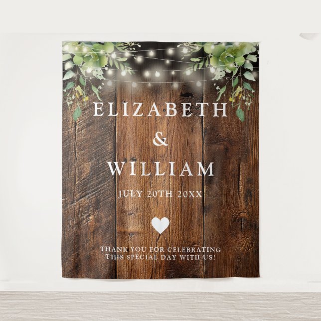 Rustikales Foto mit Holzstring Lights Grüne Hinter Wandteppich (Vorderseite)