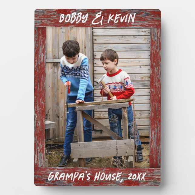 Rustikales Foto mit rotem erschüttertem Holztext Fotoplatte (Vorderseite)