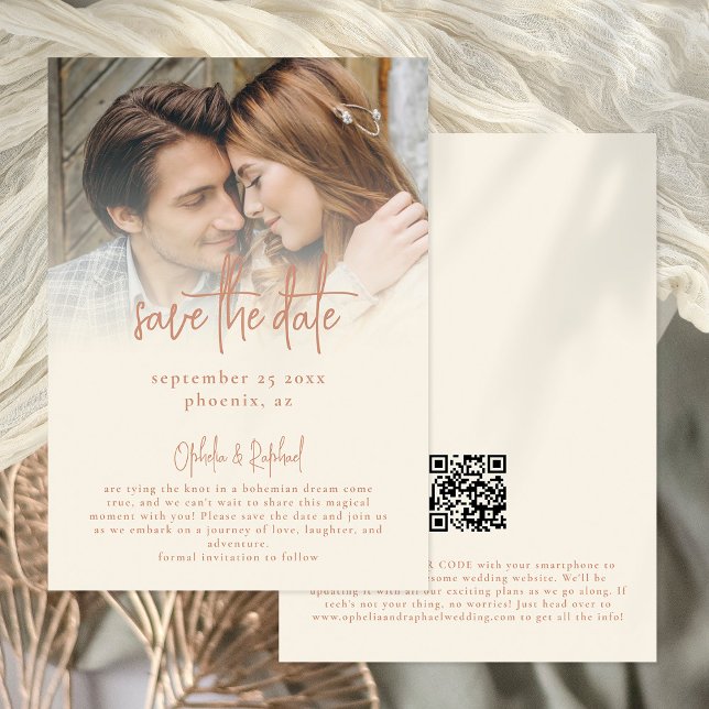 Rustikales Foto Overlay Skript QR Code Cream Weddi Save The Date (Front and back view. Available digitally and printed)