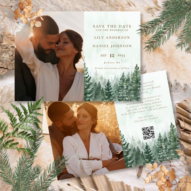 Rustikales Foto QR Code für Pinienwälder Save The Date (Rustic Watercolor Pine Tree Forest Photo QR Code Save The Date)