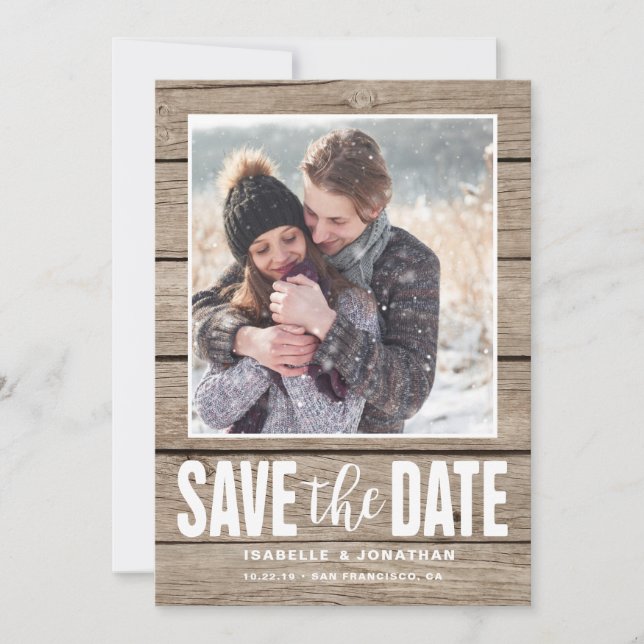 Rustikales Foto Save the Date aus hellem Holz (Vorderseite)