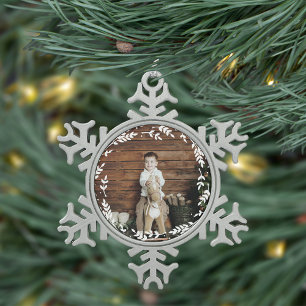 Rustikales Foto Schneeflocken Zinn-Ornament