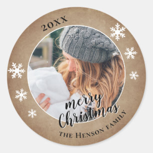 Rustikales Foto Snowflake Frohe Weihnachten Runder Aufkleber