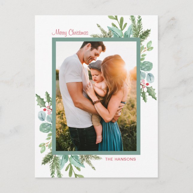 Rustikales Foto Wasserfarbe Grün Frohe Weihnachten (Vorderseite)