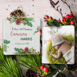 Rustikales Foto zum 1. Weihnachtsmeilenstein des B Keramikornament