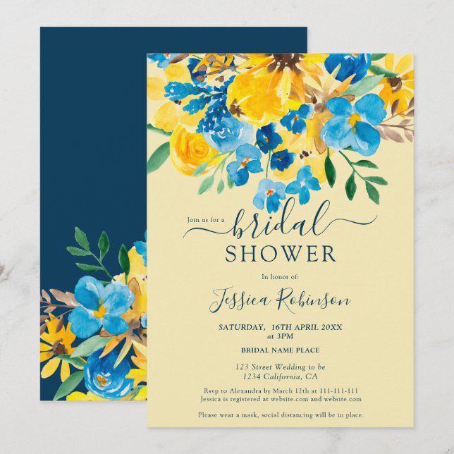 Rustikales, gelb bläuliches Brautparty Einladung (Vorne/Hinten)