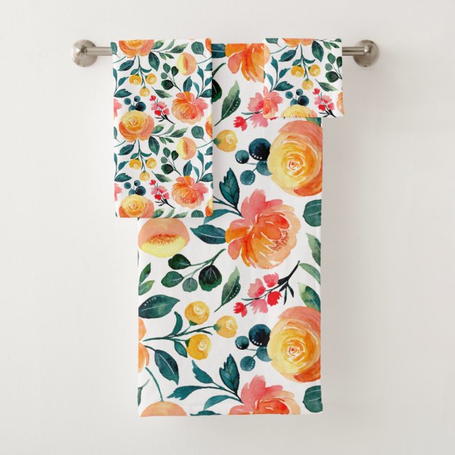 Rustikales gelbes Orangenfarben-Blume-Muster Badhandtuch Set (Insitu)