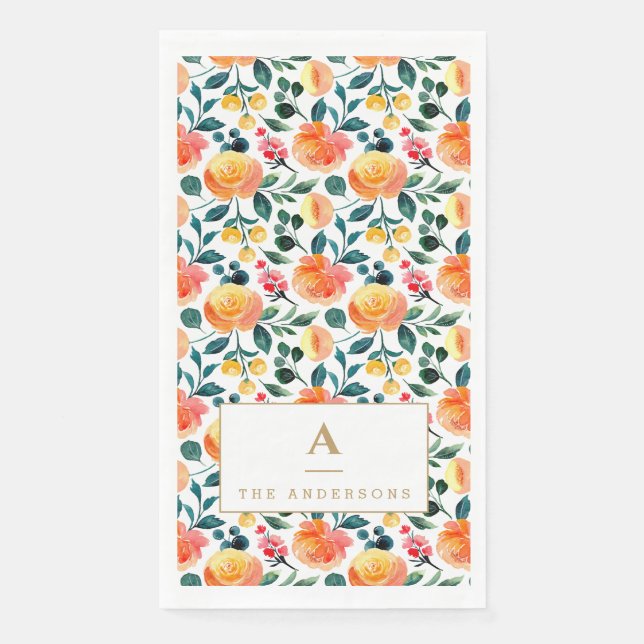 Rustikales gelbes Orangenfarben-Blume-Muster Serviette (Vorderseite)