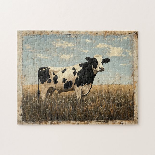 Rustikales Gemälde einer Kuh auf einer sonnigen Wi Puzzle (Horizontal)