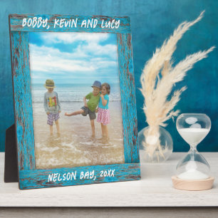 Rustikales, gestörtes Blue Beach Wood Text Foto Fotoplatte