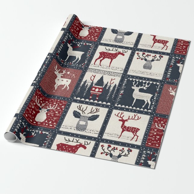 Rustikales gestricktes Patchwork-Muster | Nordisch Geschenkpapier (Ungerollt)