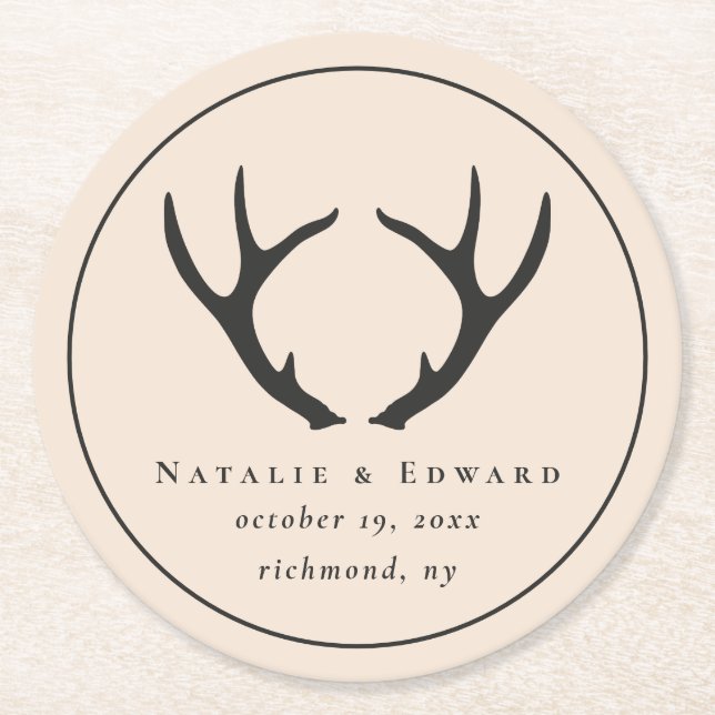 Rustikales Geweih Save the Date Runder Pappuntersetzer (Vorderseite)
