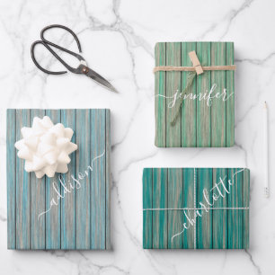 Rustikales Ggreen Blue Wood Individuelle Name Gift Geschenkpapier Set