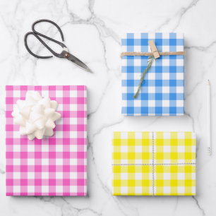 Rustikales Gingham Rosa Gelbes Muster Geschenkpapier Set