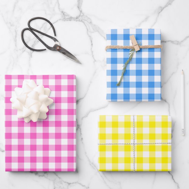 Rustikales Gingham Rosa Gelbes Muster Geschenkpapier Set (Vorderseite)