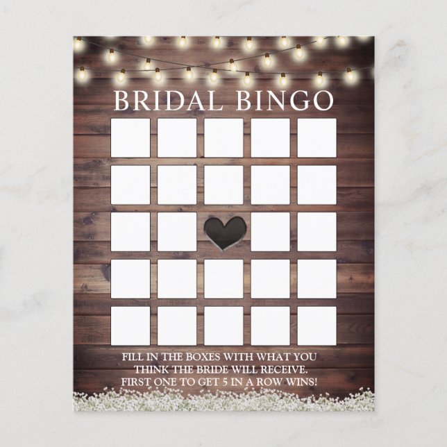 Rustikales Gipskraut Barn Wood Bridal Bingo Karten (Vorderseite)