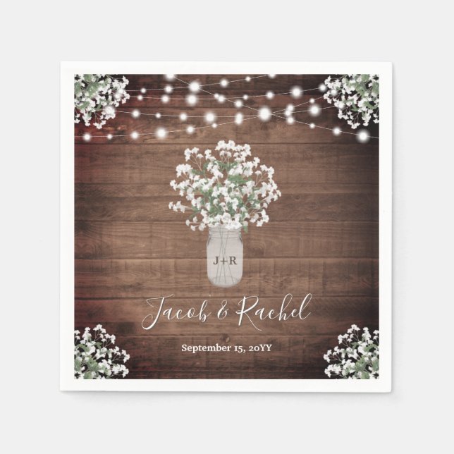 Rustikales Gipskraut in Mason Jar & Lights Wedding Serviette (Vorderseite)