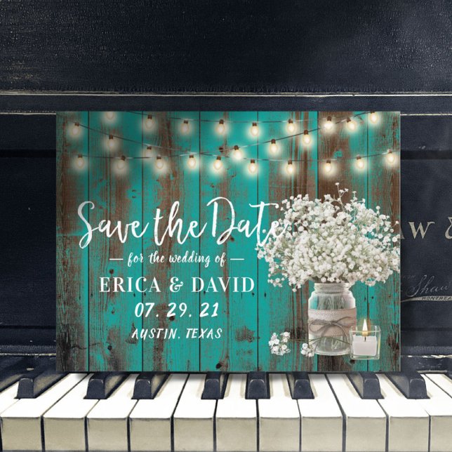 Rustikales Gipskraut Jar Aquamarin Wood Save the D Ankündigungspostkarte (Von Creator hochgeladen)