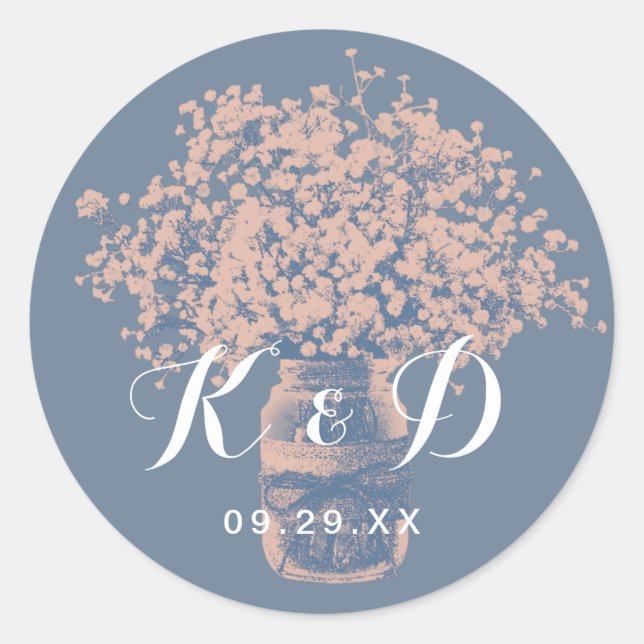 Rustikales Gipskraut Jar Dusty Blue Wedding Siegel Runder Aufkleber (Vorderseite)