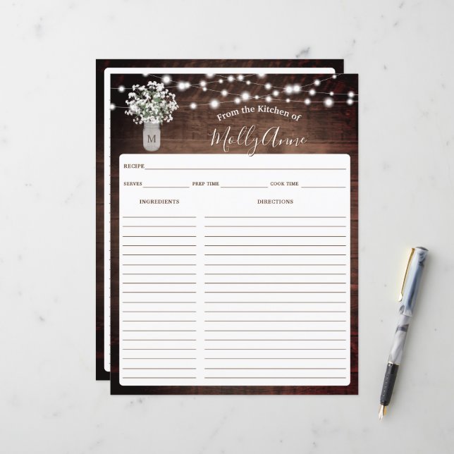 Rustikales Gipskraut Jar Lights Rezept Blatt (Vorderseite/Rückseite Beispiel)