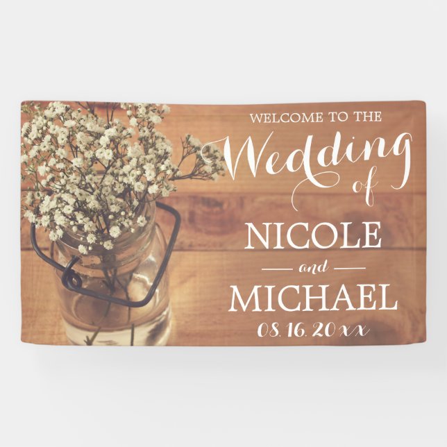 Rustikales Gipskraut Mason Jar Wood Wedding Banner (Horizontal)