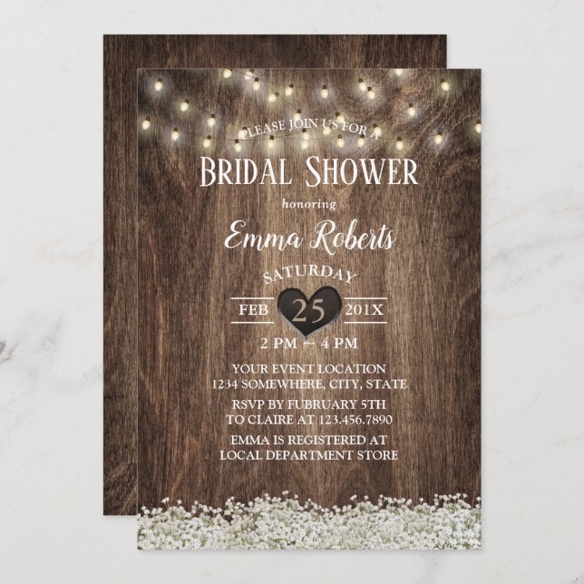 Rustikales Gipskraut String Lights Brautparty Einladung (Vorne/Hinten)