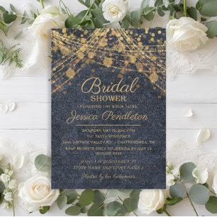 Rustikales Glam Blue Gold String Light Brautparty Einladung