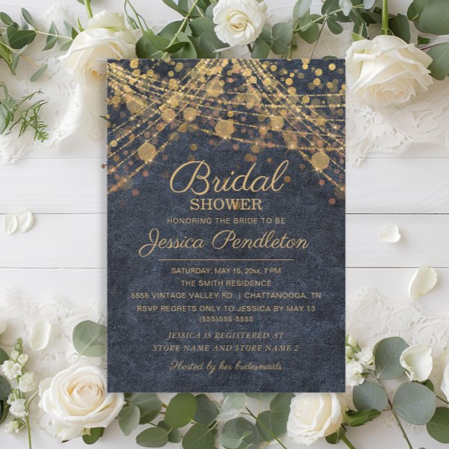 Rustikales Glam Blue Gold String Light Brautparty Einladung (Rustic glam navy blue and gold string lights bridal shower invitation)