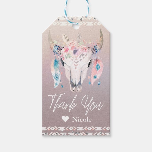 Rustikales Glam Boho Floral Cow Skull Gastgeschenk Geschenkanhänger (Vorderseite)