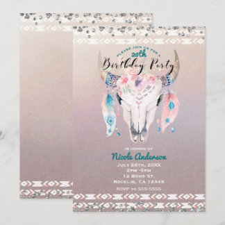 Rustikales Glam Boho Floral Cow Skull Geburtstagsp Einladung