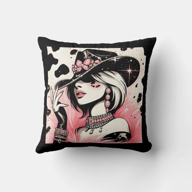 Rustikales Glam Cowgirl Pink Sparkle Cowhide Print Kissen (Rückseite)