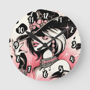 Rustikales Glam Cowgirl Pink Sparkle Cowhide Print Runde Wanduhr