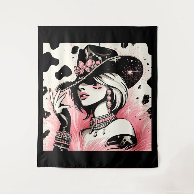 Rustikales Glam Cowgirl Pink Sparkle Cowhide Print Wandteppich (Vorderseite)