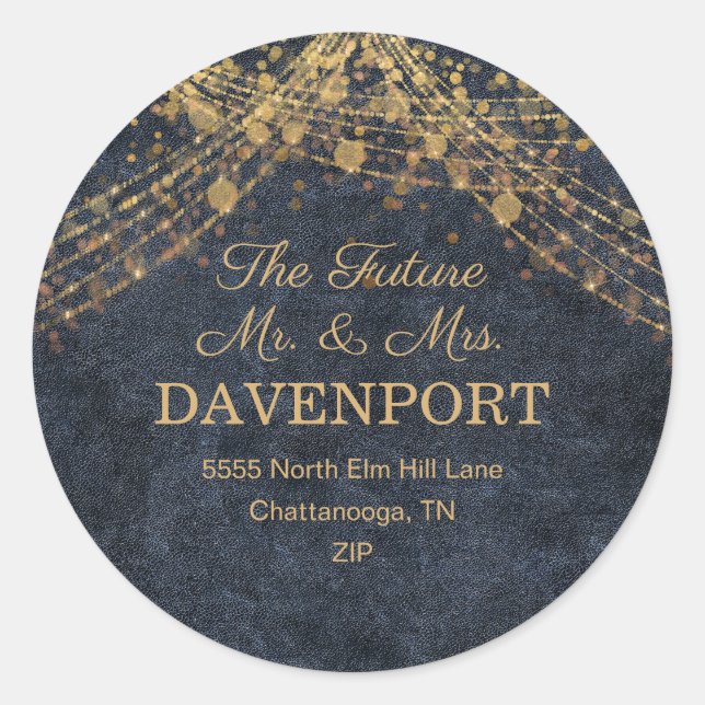 Rustikales Glam Navy Blue Gold String Lights Runder Aufkleber (Vorderseite)