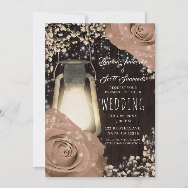 Rustikales Glow Lantern Beige Rose Barn Wedding Einladung (Vorderseite)