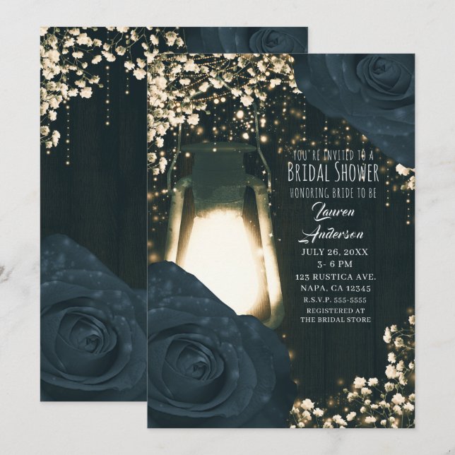 Rustikales Glow Lantern Blau Schwarze Rose Brautpa Einladung (Vorne/Hinten)