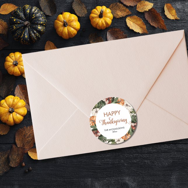 Rustikales Glückspilz Runder Aufkleber (Rustic Happy Thanksgiving Pumpkin Classic Round Sticker
)